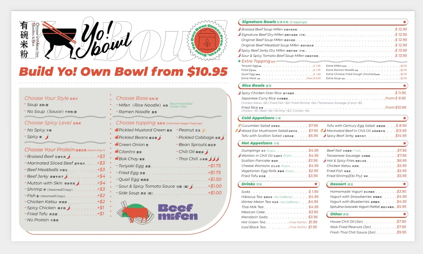 Yo Bowl Carrollton full menu — Build Yo! Own Bowl, signature bowls, appetizers, drinks and desserts